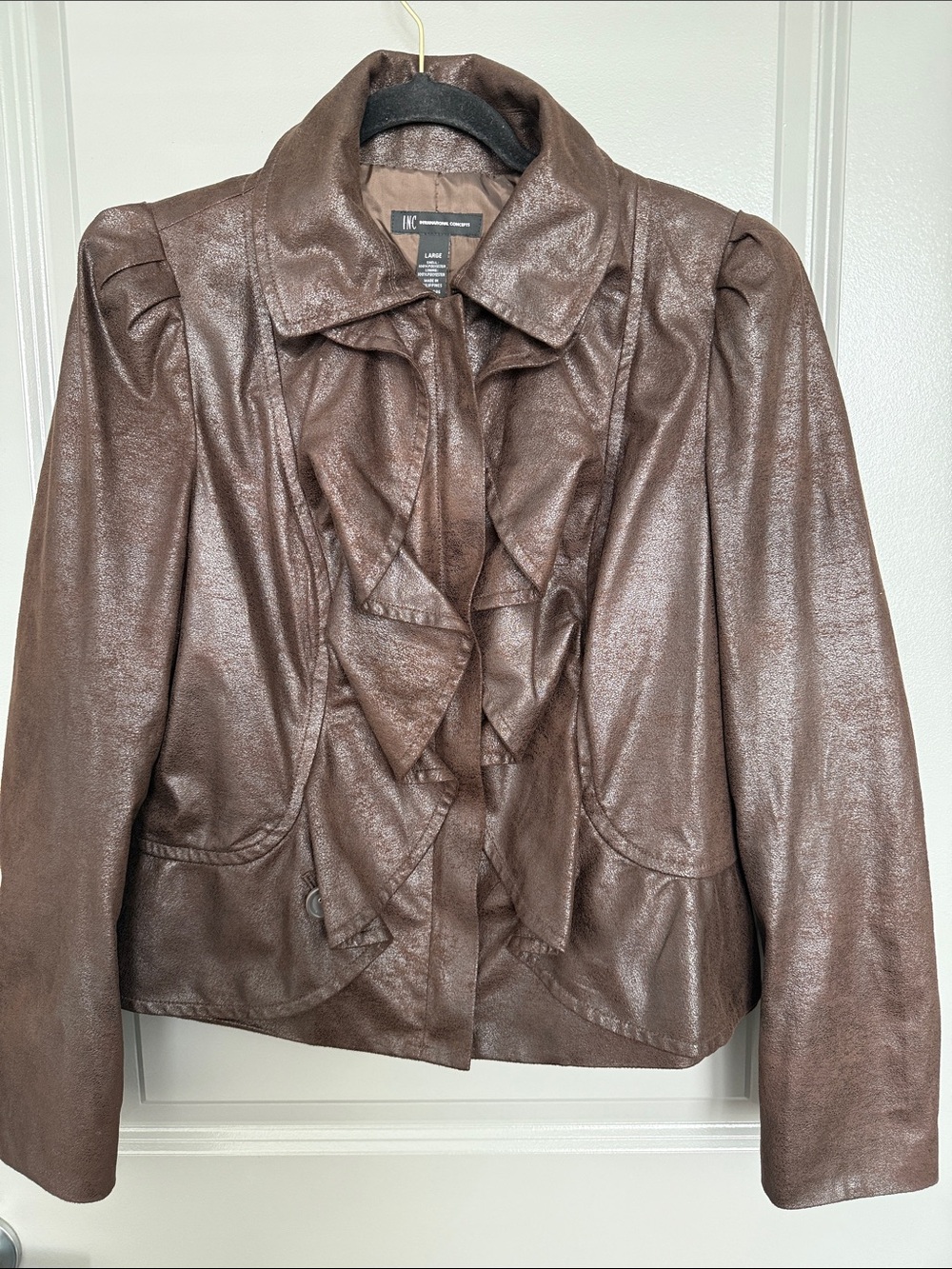 INC International Concepts Brown Faux Leather Ruffle Jacket